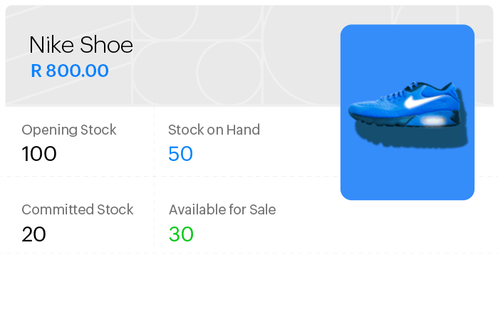 Inventory management dashboard displays stock details of a particular product