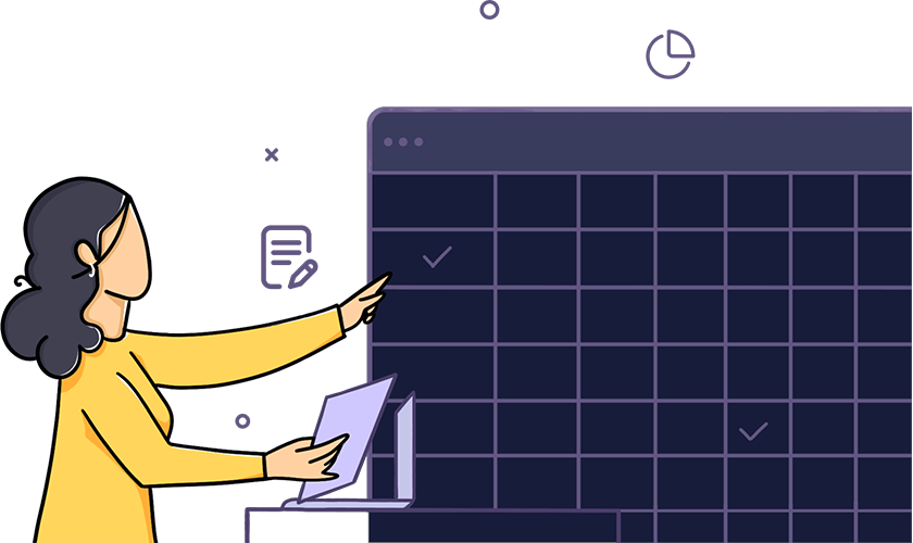 Illustration of a woman pointing at a spreadsheet interface